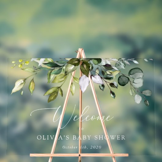 緑、ユーカリ葉、ベビーシャワー歓迎 アクリルサイン (ニュートラル)