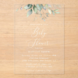 緑、ユーカリ葉、ボホ、ベイビーシャワー アクリル招待状