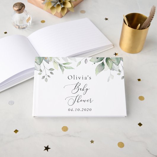 緑、ユーカリ葉、ボホ、ベイビーシャワー ゲストブック (正面見開き)