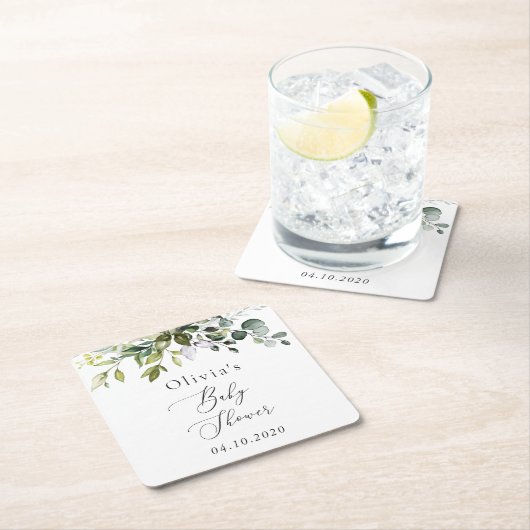 緑、ユーカリ葉、ボホ、ベイビーシャワー スクエアペーパーコースター (インサイチュ)