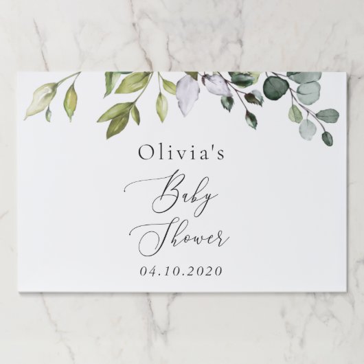 緑、ユーカリ葉、ボホ、ベイビーシャワー ペーパーパッド (正面)