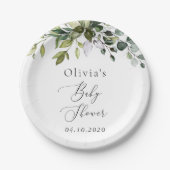 緑、ユーカリ葉、ボホ、ベイビーシャワー ペーパープレート (正面)
