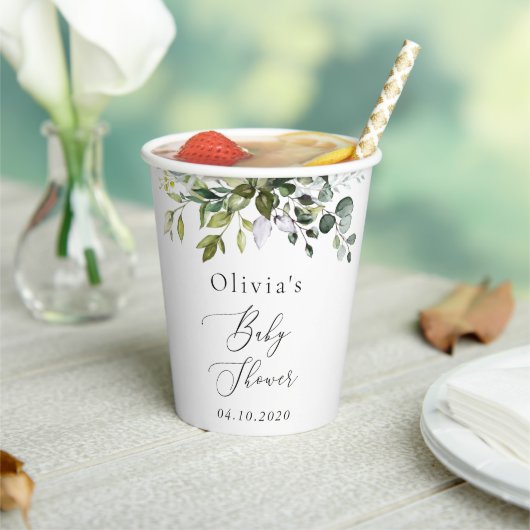緑、ユーカリ葉、ボホ、ベイビーシャワー 紙コップ (インサイチュ)