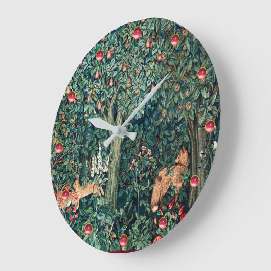緑,森の動物の巣,キツネ,緑のフローラ ラージ壁時計 (傾斜)