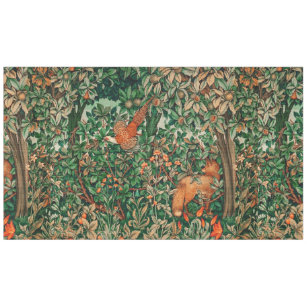 緑，森の動物の雉，赤いキツネ，緑  テーブルクロス