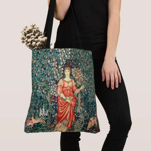 緑、森林動物で果実を保持するポモナ トートバッグ (クローズアップ)