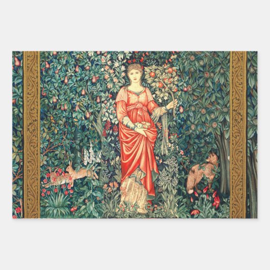 緑、森林動物で果実を保持するポモナ ラッピングペーパーシート (正面)