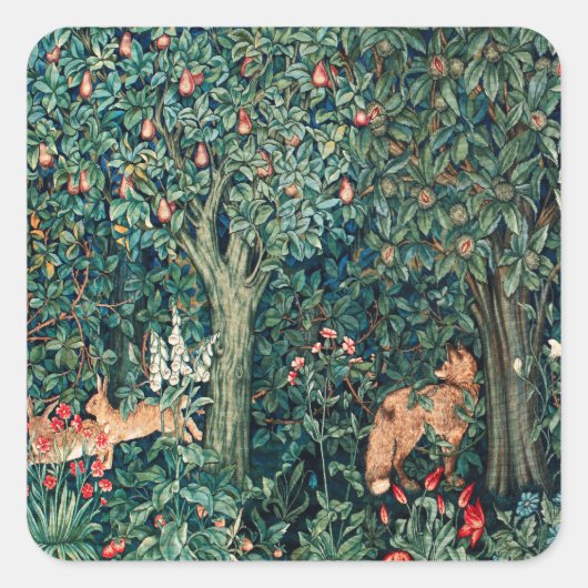緑,森林動物の群れ,キツネ,緑フローラ スクエアシール (正面)