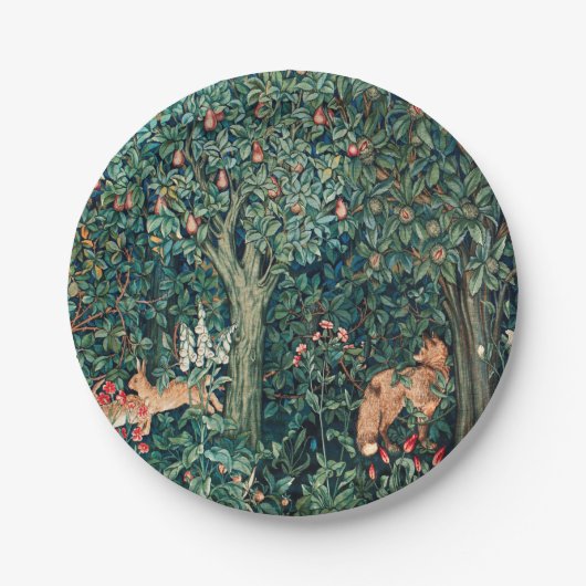 緑，森林動物の群れ，キツネ，緑フローラ ペーパープレート (正面)