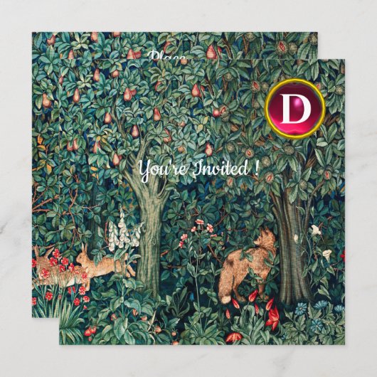 緑，森林動物の群れ，キツネ，緑フローラ 招待状 (正面/裏面)