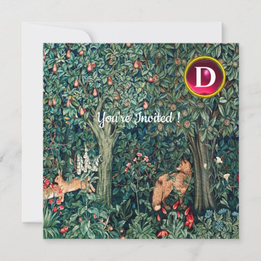 緑，森林動物の群れ，キツネ，緑フローラ 招待状 (正面)