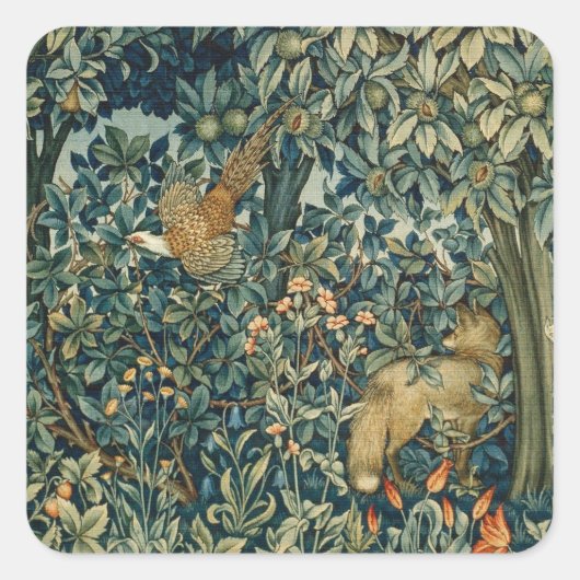 緑,森林動物キジ,キツネ,緑のフローラ スクエアシール (正面)