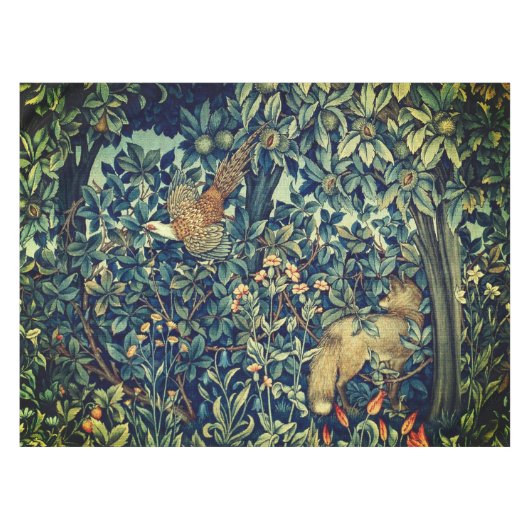 緑，森林動物キジ，キツネ，緑のフローラ テーブルクロス (正面(横))