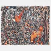 緑，森林動物キジ，赤キツネフローラ フリースブランケット (正面(横))