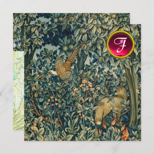 緑，森林動物キツネ，キジ，緑フローラ 招待状 (正面/裏面)