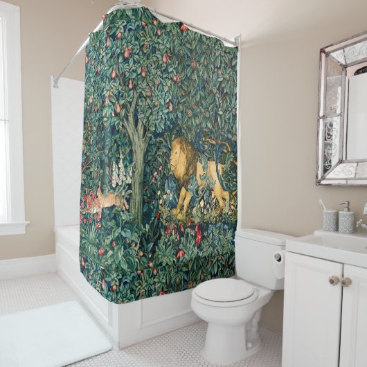 緑、森林動物ライオンとウサギのフローラ シャワーカーテン (インサイチュ)