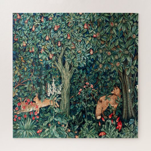 緑，森林動物群，キツネ，緑の葉 ジグソーパズル (横)