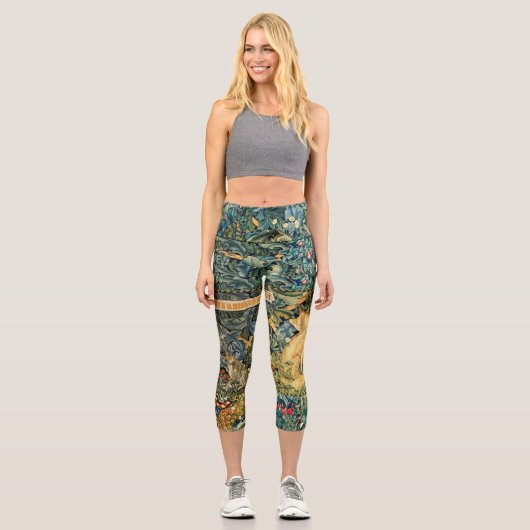 緑，森林動物，キツネとウサギ，緑のフローラ カプリレギンス (正面)