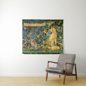 緑，森林動物，キツネとウサギ，緑のフローラ タペストリー (インサイチュ(横))