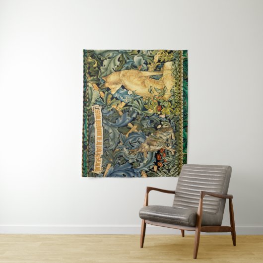 緑，森林動物，キツネとウサギ，緑のフローラ タペストリー (インサイチュ)