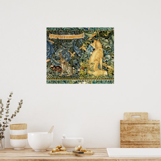 緑,森林動物,キツネとウサギ,緑のフローラ ポスター (キッチン)