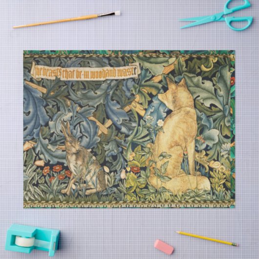 緑，森林動物，キツネとウサギ，緑のフローラ 薄葉紙 (クラフト)