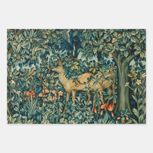 緑，森林動物，キツネとヘールグリーンフローラ ラッピングペーパーシート (正面3)