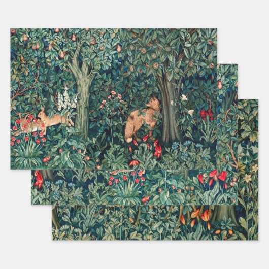 緑，森林動物，キツネとヘールグリーンフローラ ラッピングペーパーシート (セット)