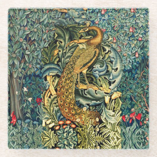 緑，森林動物，緑のフローラの孔雀 ガラスコースター (正面)