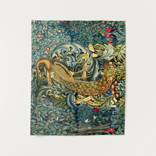 緑，森林動物，緑のフローラの孔雀 タペストリー (正面)