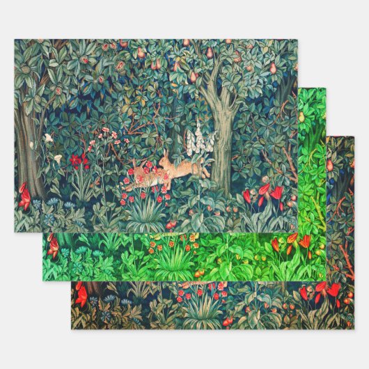 緑，森林動物，緑のフローラ ラッピングペーパーシート (セット)