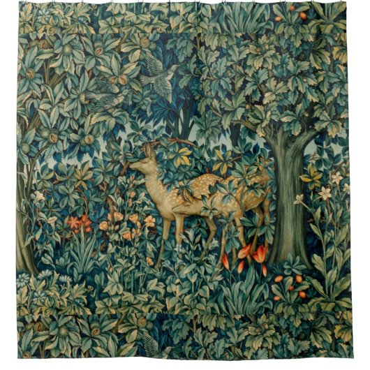 緑，森林動物，行う，鳥のフローラ シャワーカーテン (正面)