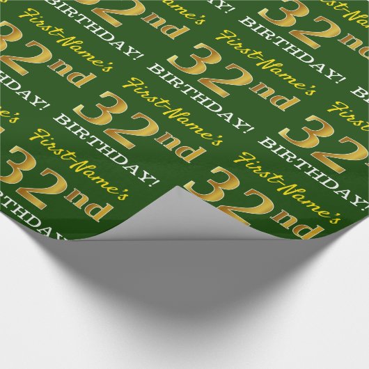 緑、模造金ゴールドルック"32番目の誕生日" ラッピングペーパー (角)