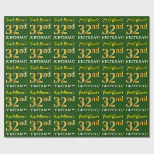 緑、模造金ゴールドルック"32番目の誕生日" ラッピングペーパー