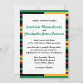 緑、濃い赤、黄色のケントの布ストライプ布 招待状 (正面)