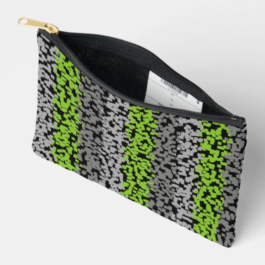 緑、灰色、黒のデジタルピクセル化されたストライプ アクセサリーポーチ (見開き)