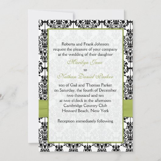 緑、白くおよび黒いダマスク織IIの招待状 招待状 (裏面)