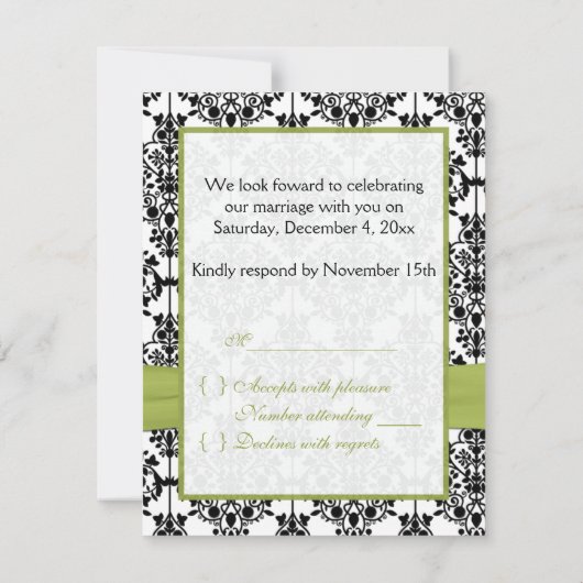 緑、白く、および黒いダマスク織II RSVPカード (裏面)