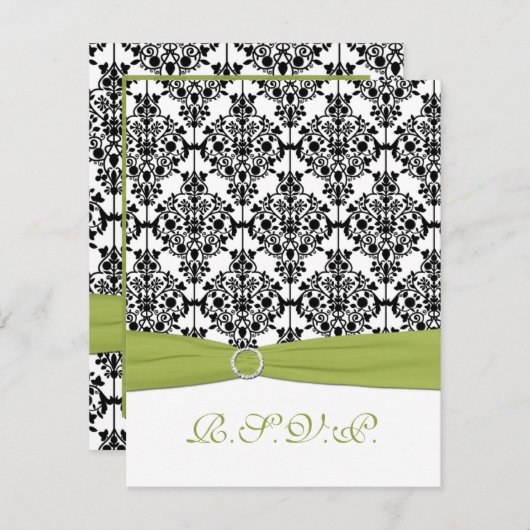 緑、白く、および黒いダマスク織II RSVPカード (正面/裏面)