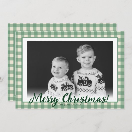 緑 & 白のチェック柄 オーダーメイド 写真 クリスマスカード (正面/裏面)