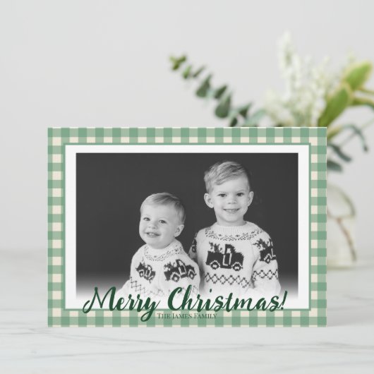 緑 & 白のチェック柄 オーダーメイド 写真 クリスマスカード (スタンド正面)