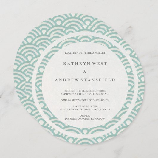 緑+白の様式化された波のエレガントビーチ結婚式 招待状 (正面/裏面)