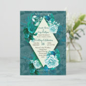 緑/白バラ花の緑のパターン紙 招待状 (スタンド正面)