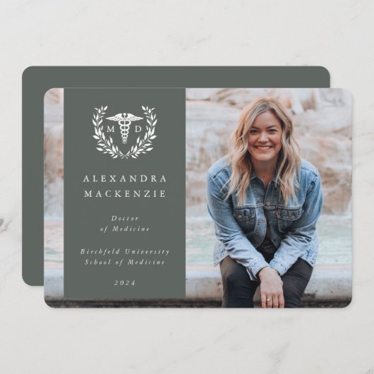 緑+白ローレルリースメディカル学位の写真 案内状 (正面/裏面)