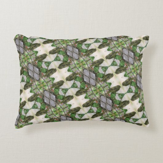 緑/白枕と裏庭のバードピック アクセントクッション (正面)