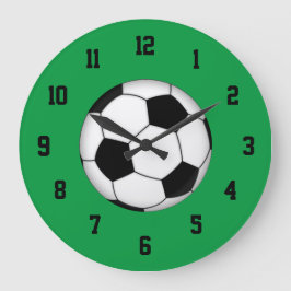 緑、白黒サッカーの時計 ラージ壁時計