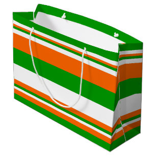 緑、白、オレンジストライプ色 ラージペーパーバッグ