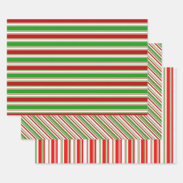 緑、白、赤のクリスマス・スタイル・ライン ラッピングペーパーシート