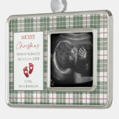 緑、白、赤の格子模様新生児超音波写真 シルバープレートフレームオーナメント (左)