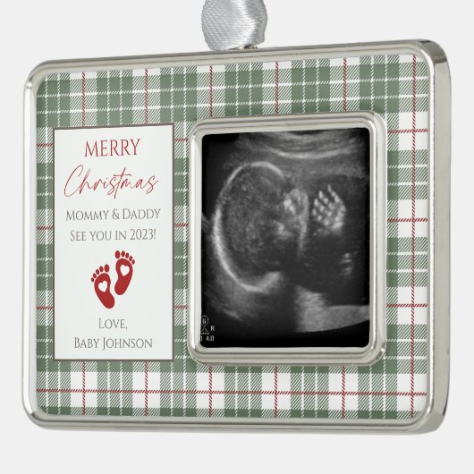 緑、白、赤の格子模様新生児超音波写真 シルバープレートフレームオーナメント (左)